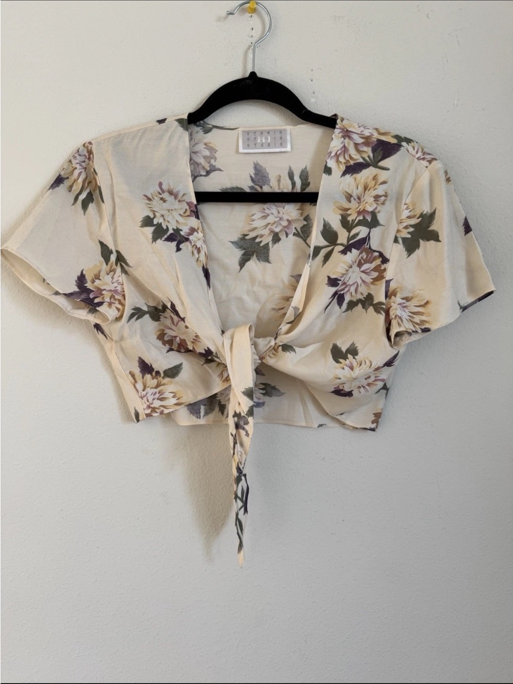 Vintage 90s Ivory Cream Floral Tie Front Crop Top Size S